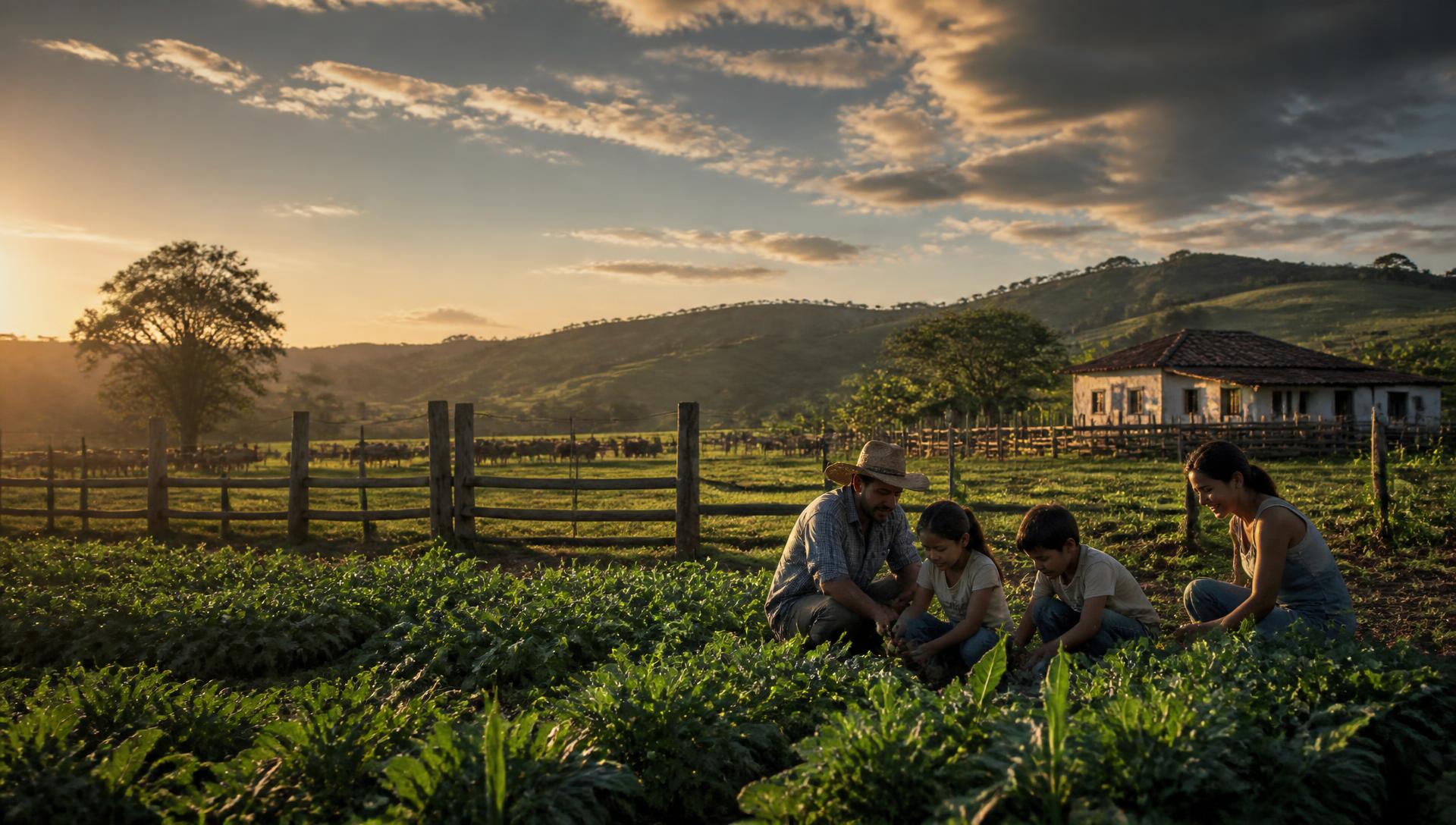 Família trabalhando em pequena propriedade rural brasileira